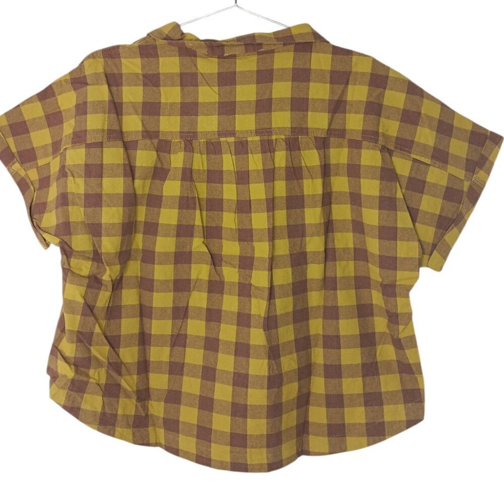 New Easel Mustard Gingham Plaid Cropped Button Front Shirt S-L 100% Cotton - Picture 5 of 13